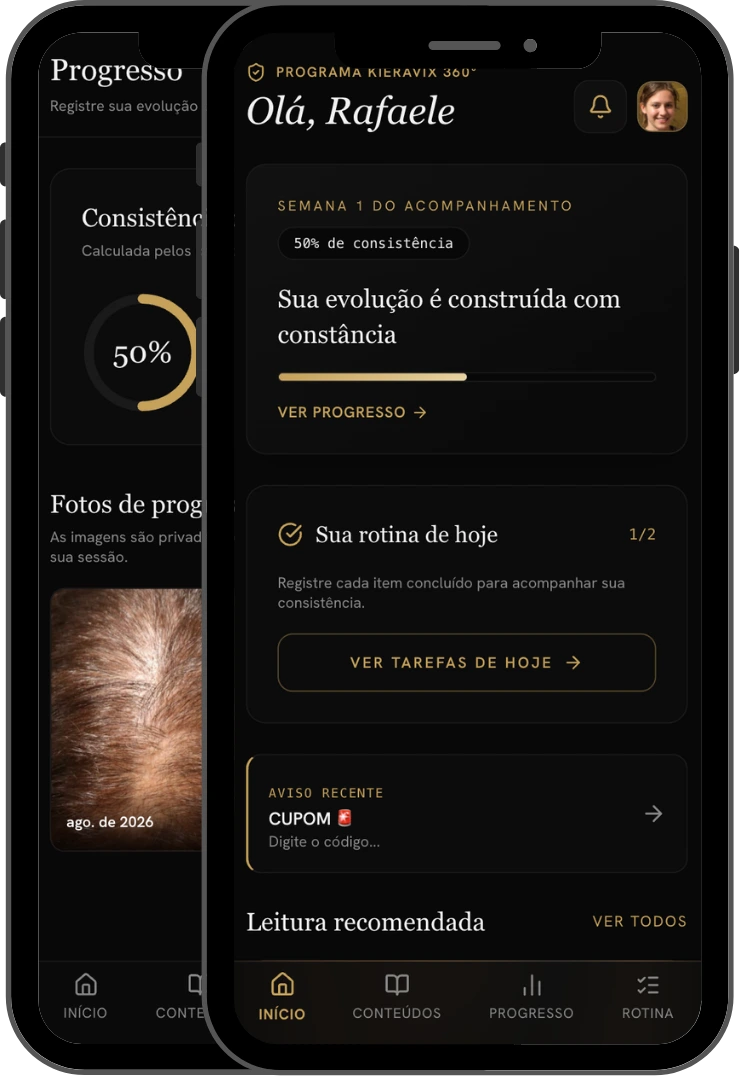 Mockups do aplicativo Kieravix mostrando acompanhamento da rotina de cuidados capilares